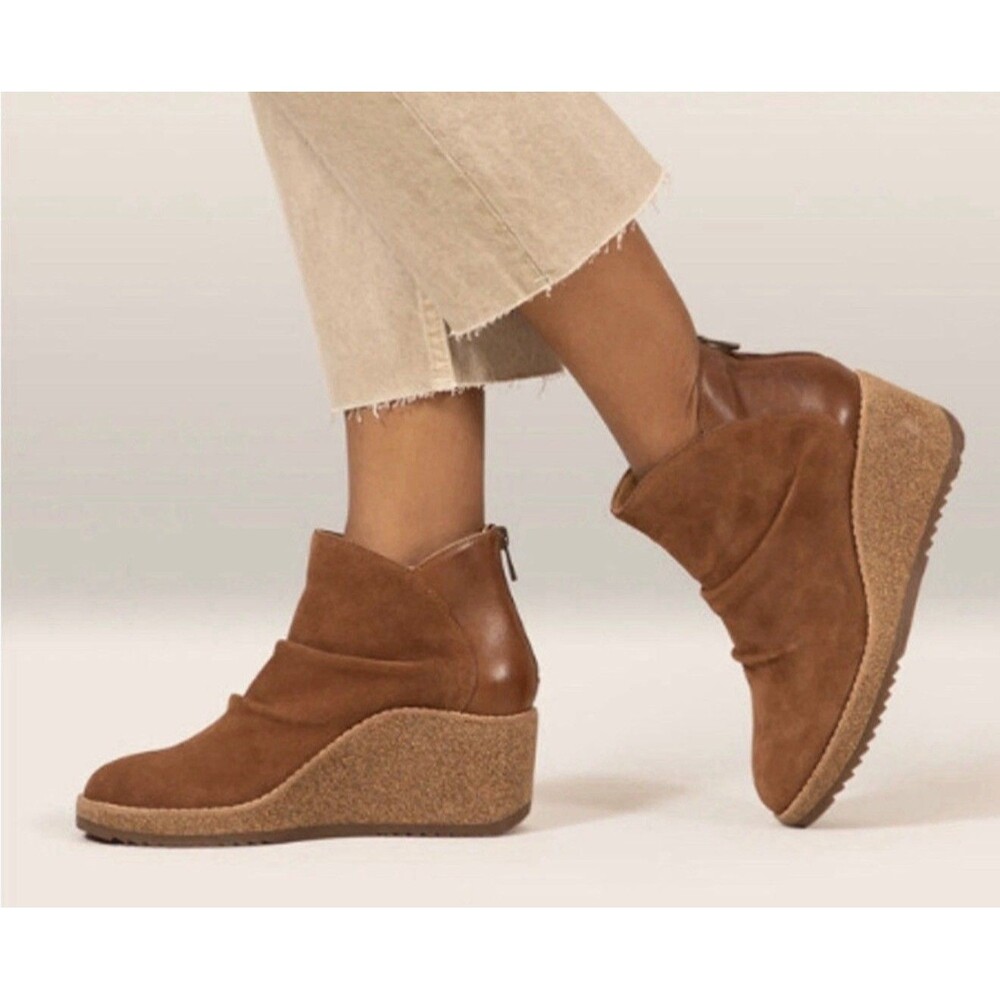 AETREX KARA ANKLE WEDGE BOOTS LEATHER & SUEDE COGNAC BROWN SIZE US 9-9.5 NWOB